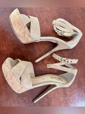 Jerome C. Rousseau Nude Suede Cork Platform Ankle-Strap High Heels